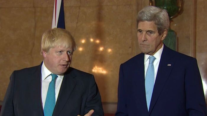 UK Foreign Secretary Boris Johnson and US Secretary of State John Kerry briefing journalists after their meeting in London [16/10/2016]